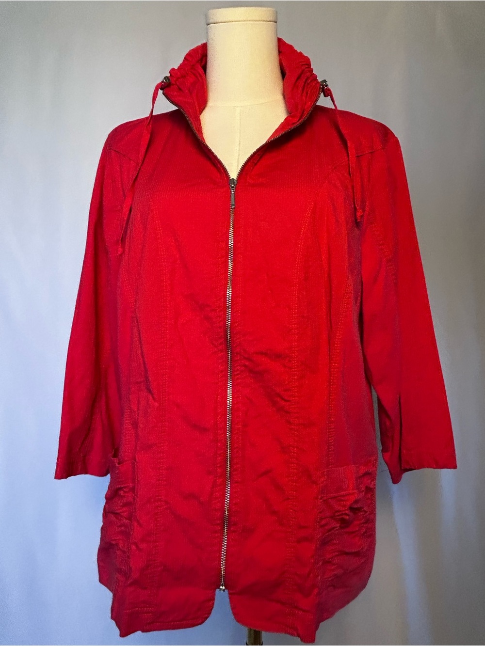 Zenergy by Chico's Red Ruched Pocket Zip Hooded Jacket Size 2 Large Athleisure